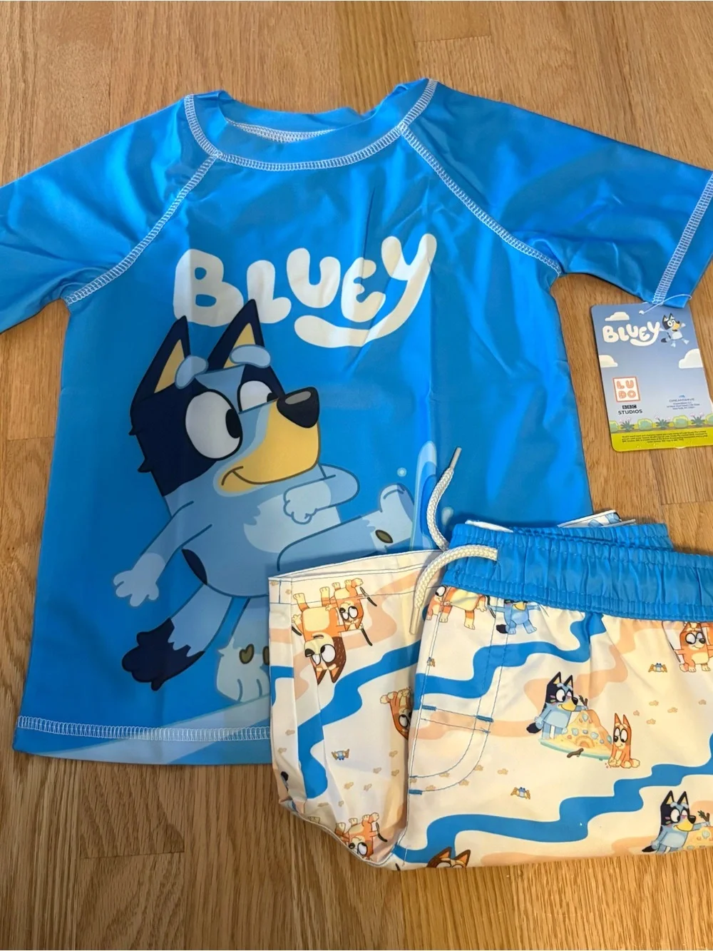 Bluey Kids' Blue Short Sleeve Rash Guard and Swim Trunks Set NEW 6/7 Bathing